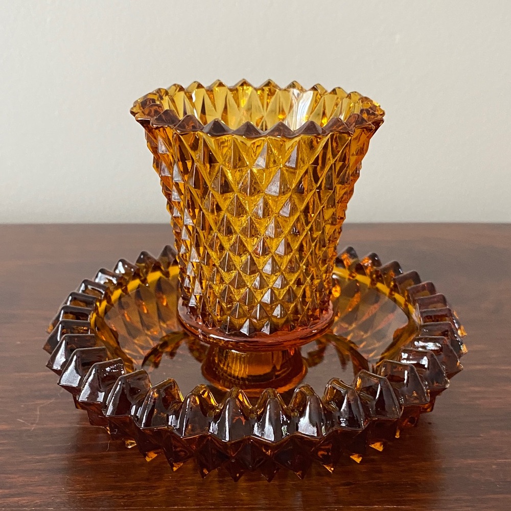 Indiana Glass • Diamond Point • Amber • Two-Piece Candle Holder